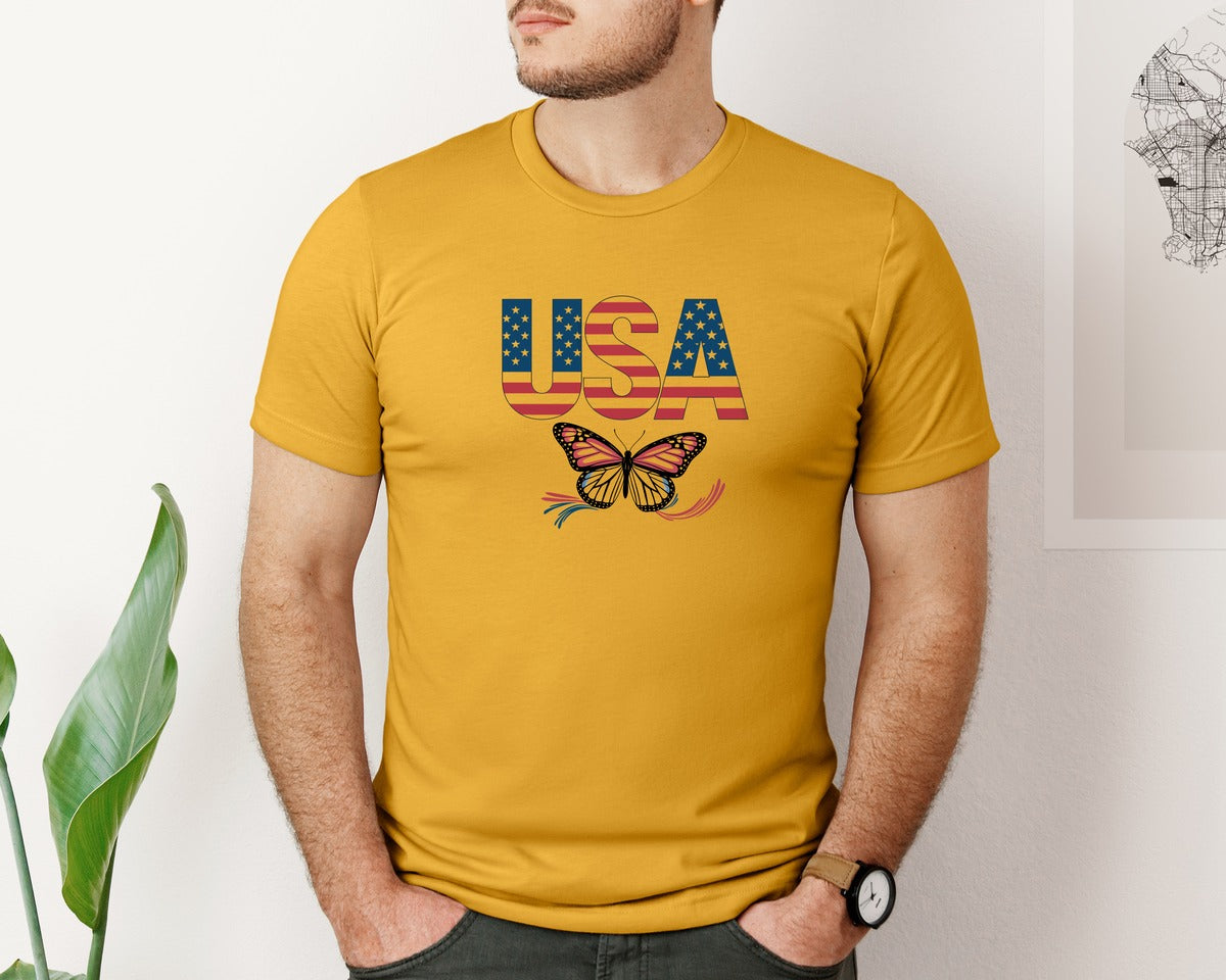 brand:Bella Canvas|color:Mustard|Usa Butterfly Patriotic Graphic T-Shirt