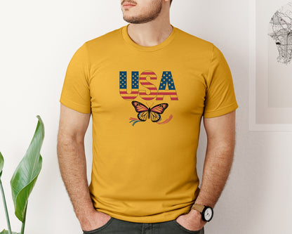 brand:Bella Canvas|color:Mustard|Usa Butterfly Patriotic Graphic T-Shirt