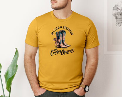 brand:Bella Canvas|color:Mustard|Blessed Stressed Mom Western Mothers Day 3 Graphic T-Shirt