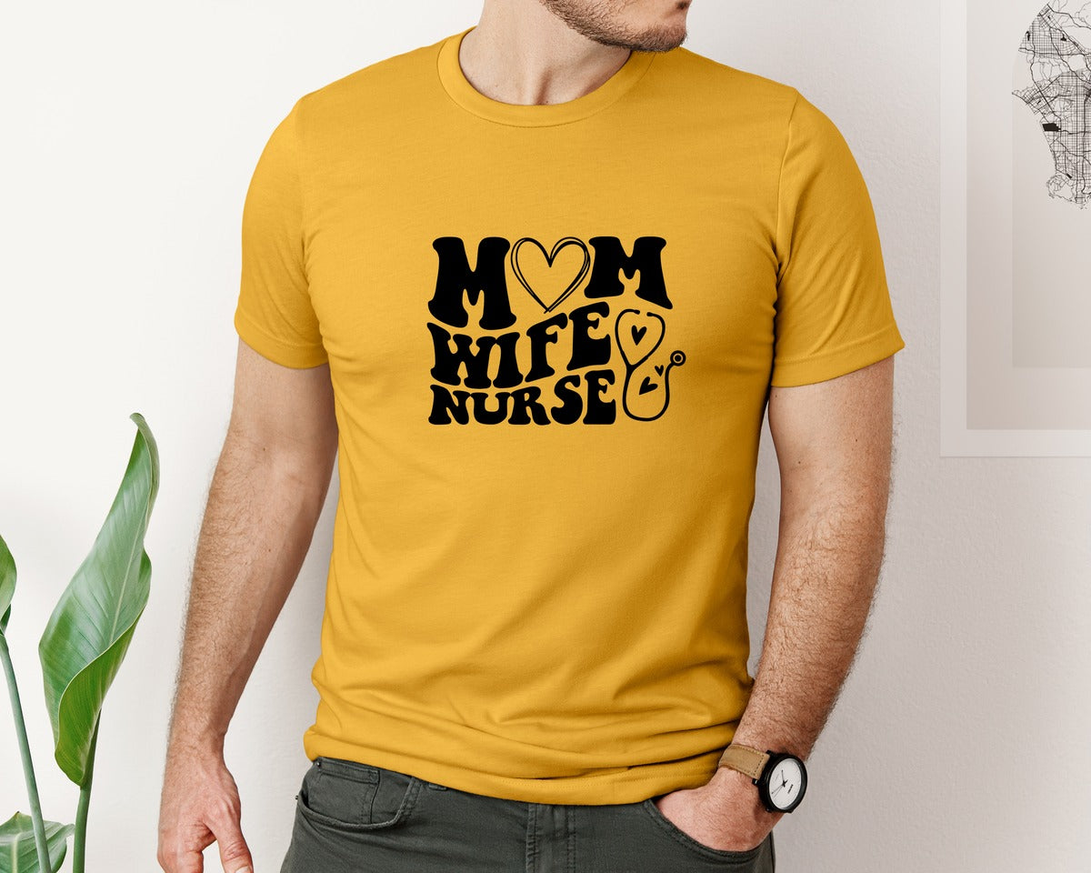 brand:Bella Canvas|color:Mustard|Mom Wife Nurse Wavy Graphic T-Shirt
