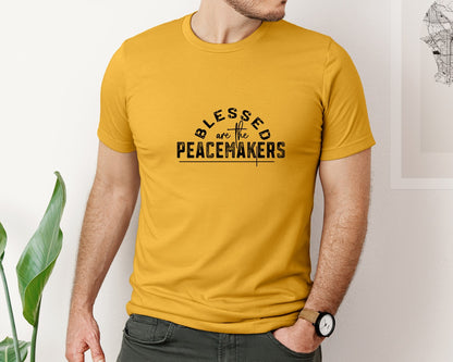 brand:Bella Canvas|color:Mustard|Blessed Are The Peacemakers Sleeve 3 Graphic T-Shirt
