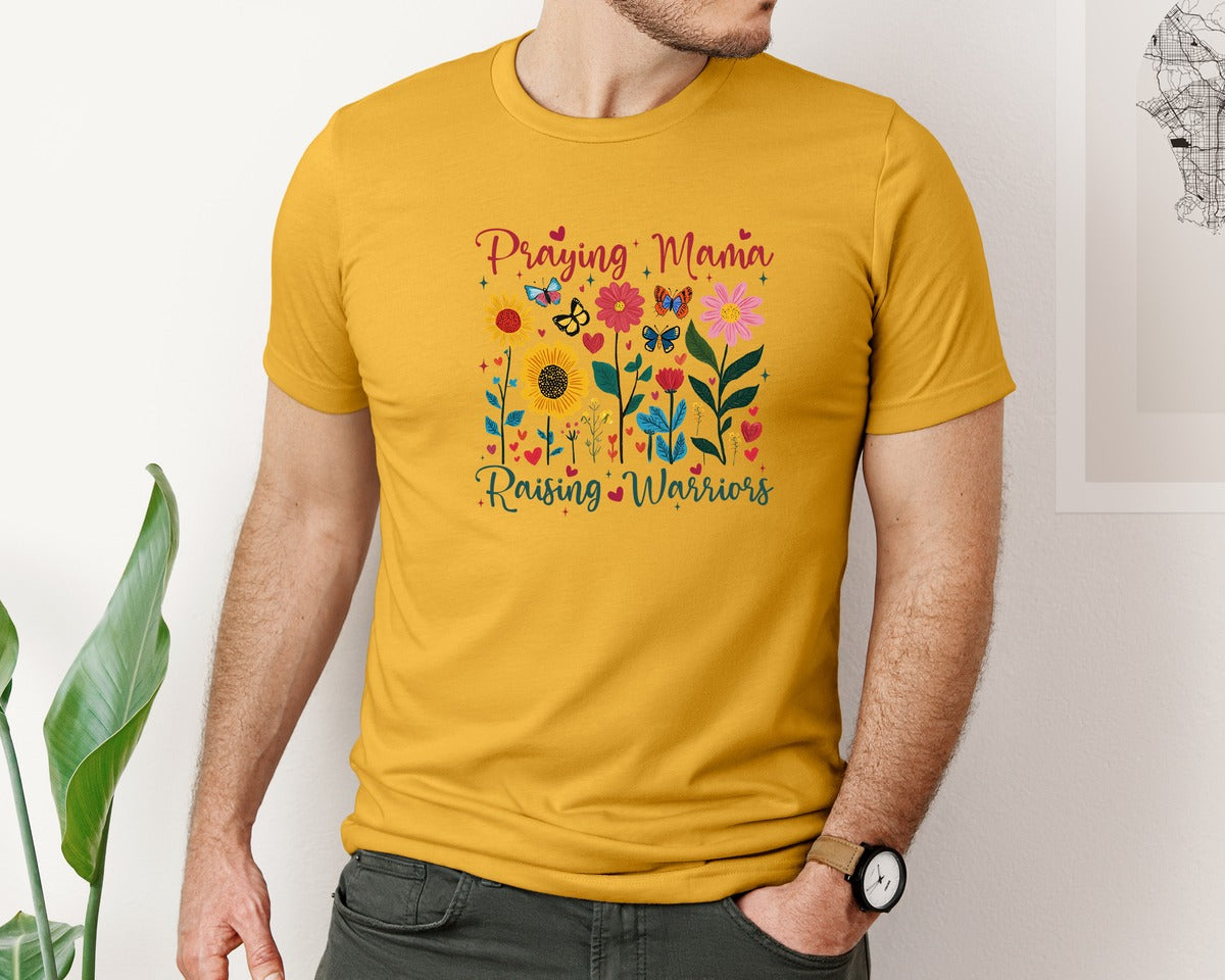 brand:Bella Canvas|color:Mustard|Praying Mama Raising Warriors Boho Graphic T-Shirt