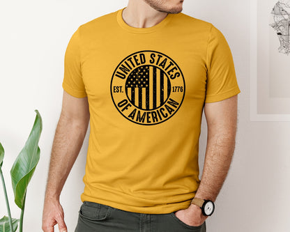 brand:Bella Canvas|color:Mustard|United States Of America Patriotic Graphic T-Shirt