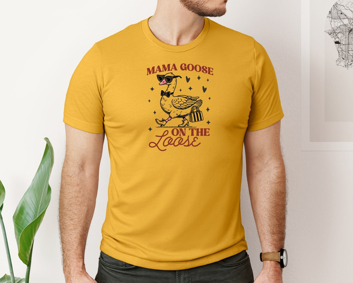 brand:Bella Canvas|color:Mustard|Mama Goose On The Loose Pngtrendy Funny Graphic T-Shirt