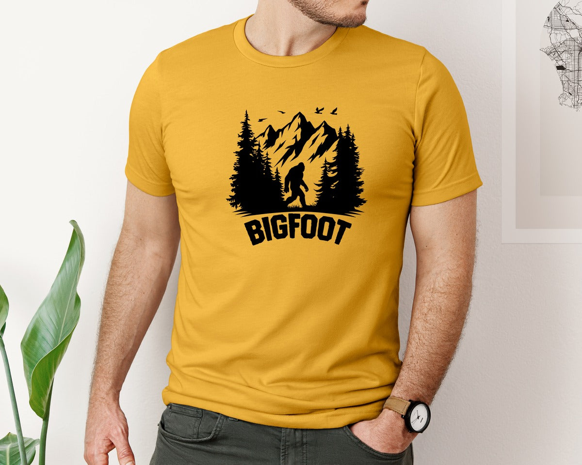 brand:Bella Canvas|color:Mustard|Retro Bigfoot Silhouette Pixel Art Graphic T-Shirt