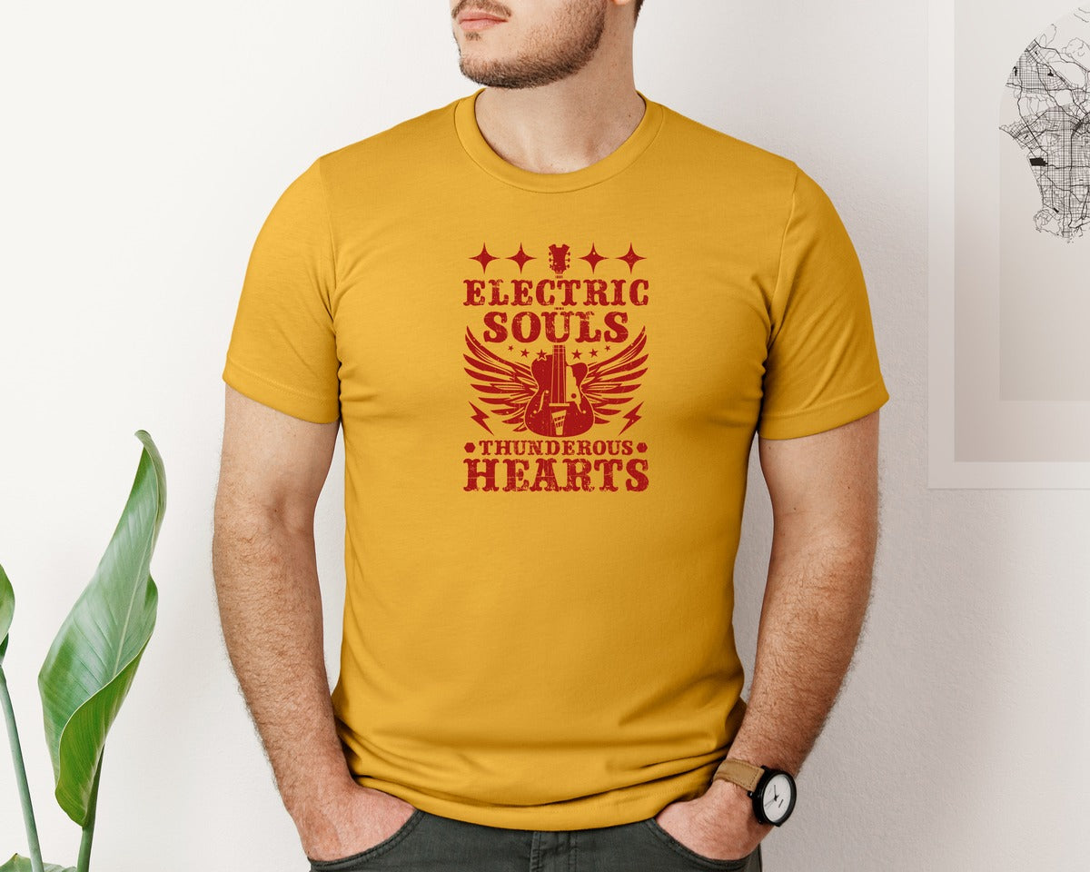 brand:Bella Canvas|color:Mustard|Electric Souls Thunderous Hearts Graphic T-Shirt