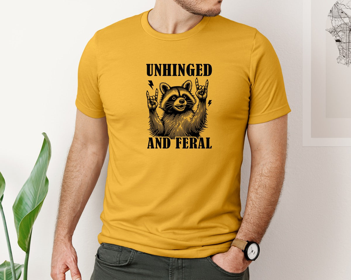 brand:Bella Canvas|color:Mustard|Unhinged And Feral Vintage Raccoon Meme Graphic T-Shirt