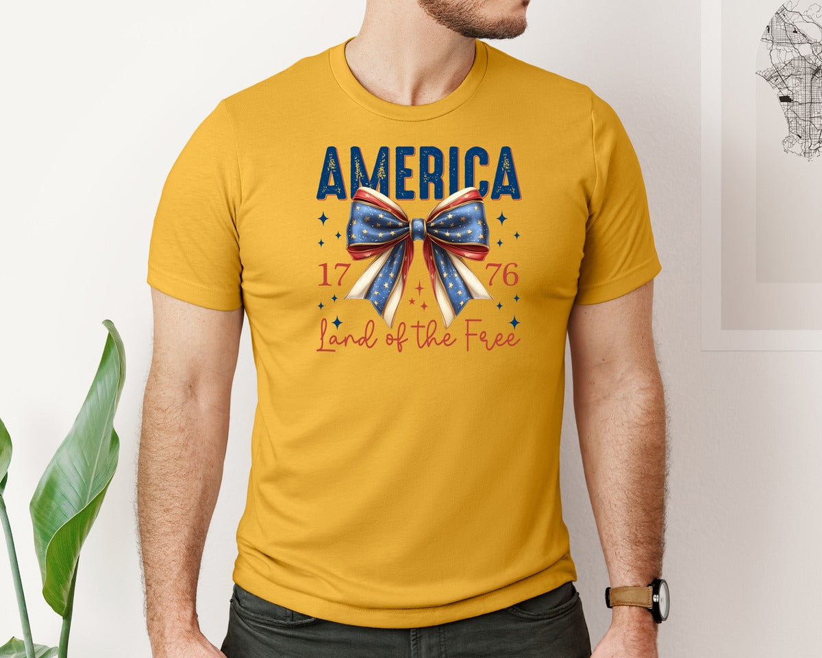 brand:Bella Canvas|color:Mustard|America Bow Land Of The Free Graphic T-Shirt