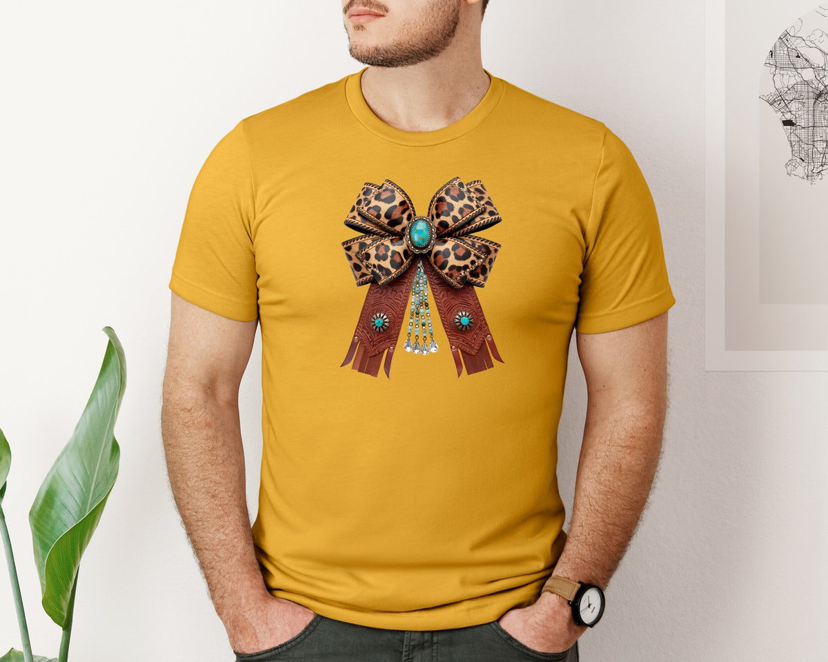 brand:Bella Canvas|color:Mustard|Western Leopard Bow Coquette Cowgirl 2 Graphic T-Shirt
