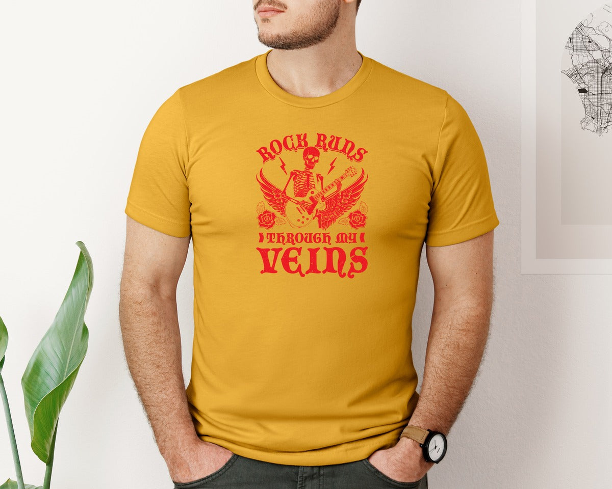 brand:Bella Canvas|color:Mustard|Rock Runs Through My Veins Design Graphic T-Shirt