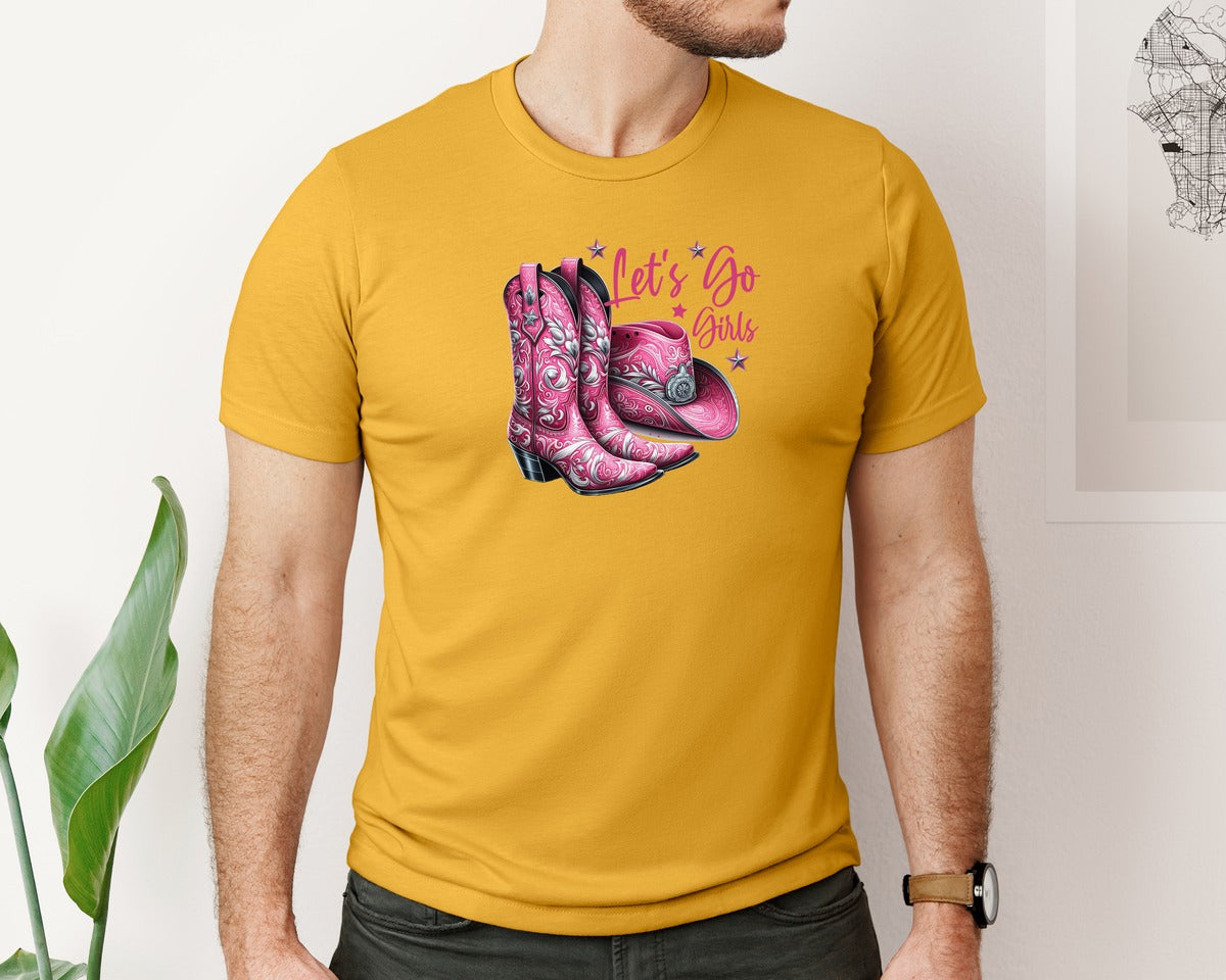 brand:Bella Canvas|color:Mustard|Lets Go Girls Cowgirl Boots 2 Graphic T-Shirt