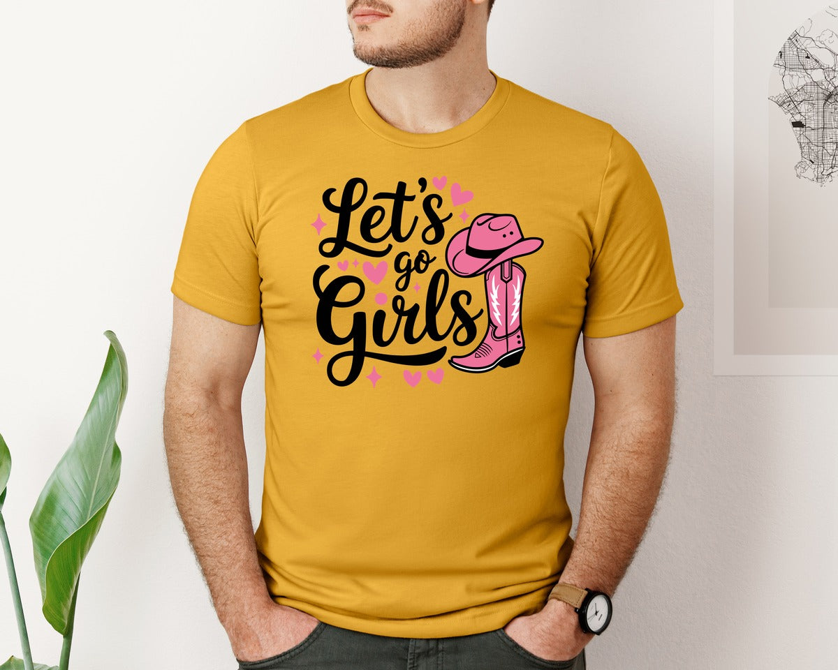 brand:Bella Canvas|color:Mustard|Lets Go Girls Western Cowgirl Graphic T-Shirt