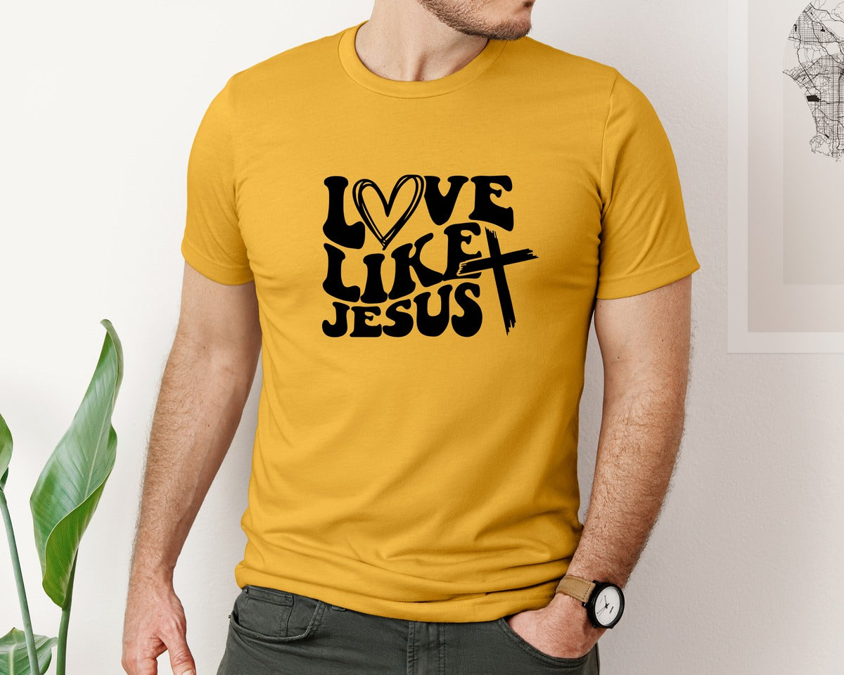 brand:Bella Canvas|color:Mustard|Love Like Jesus Wavy 2 Graphic T-Shirt