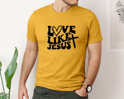 brand:Bella Canvas|color:Mustard|Love Like Jesus Wavy 2 Graphic T-Shirt