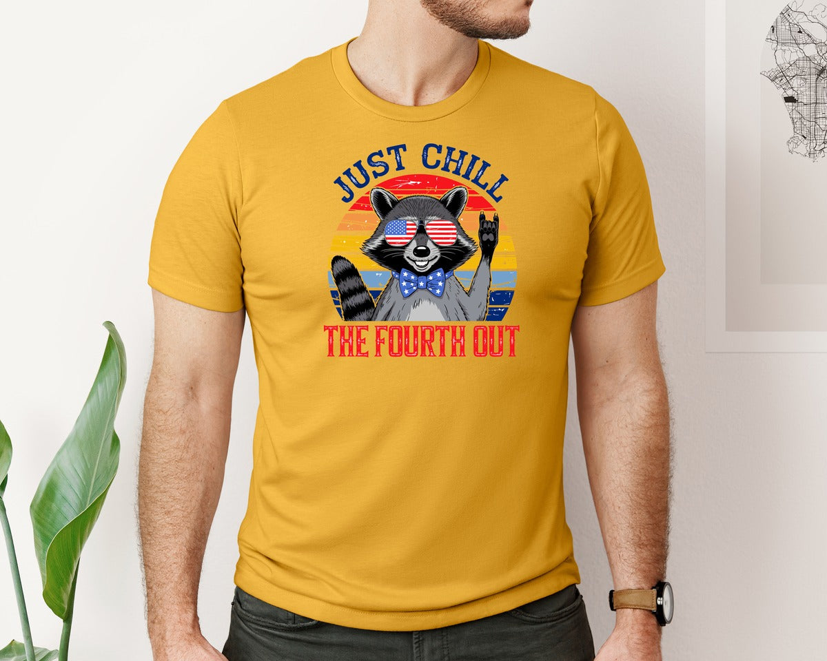 brand:Bella Canvas|color:Mustard|Retro Raccoon 4Th Of July Chill Vibes Graphic T-Shirt