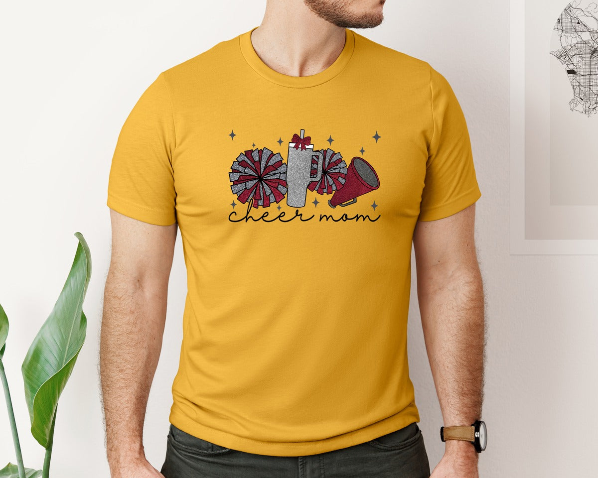brand:Bella Canvas|color:Mustard|Cheer Mom Glitter Cheerleading Graphic T-Shirt