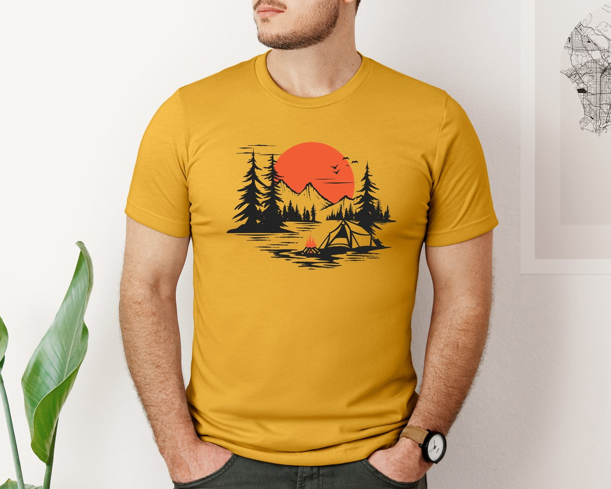brand:Bella Canvas|color:Mustard|Sunset Camping Adventure T Shirt Design 9 Graphic T-Shirt