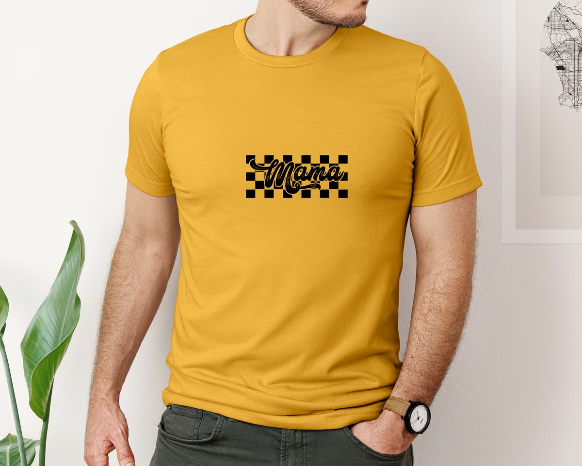 brand:Bella Canvas|color:Mustard|Retro Mama Checkered Bow Coquette B Graphic T-Shirt