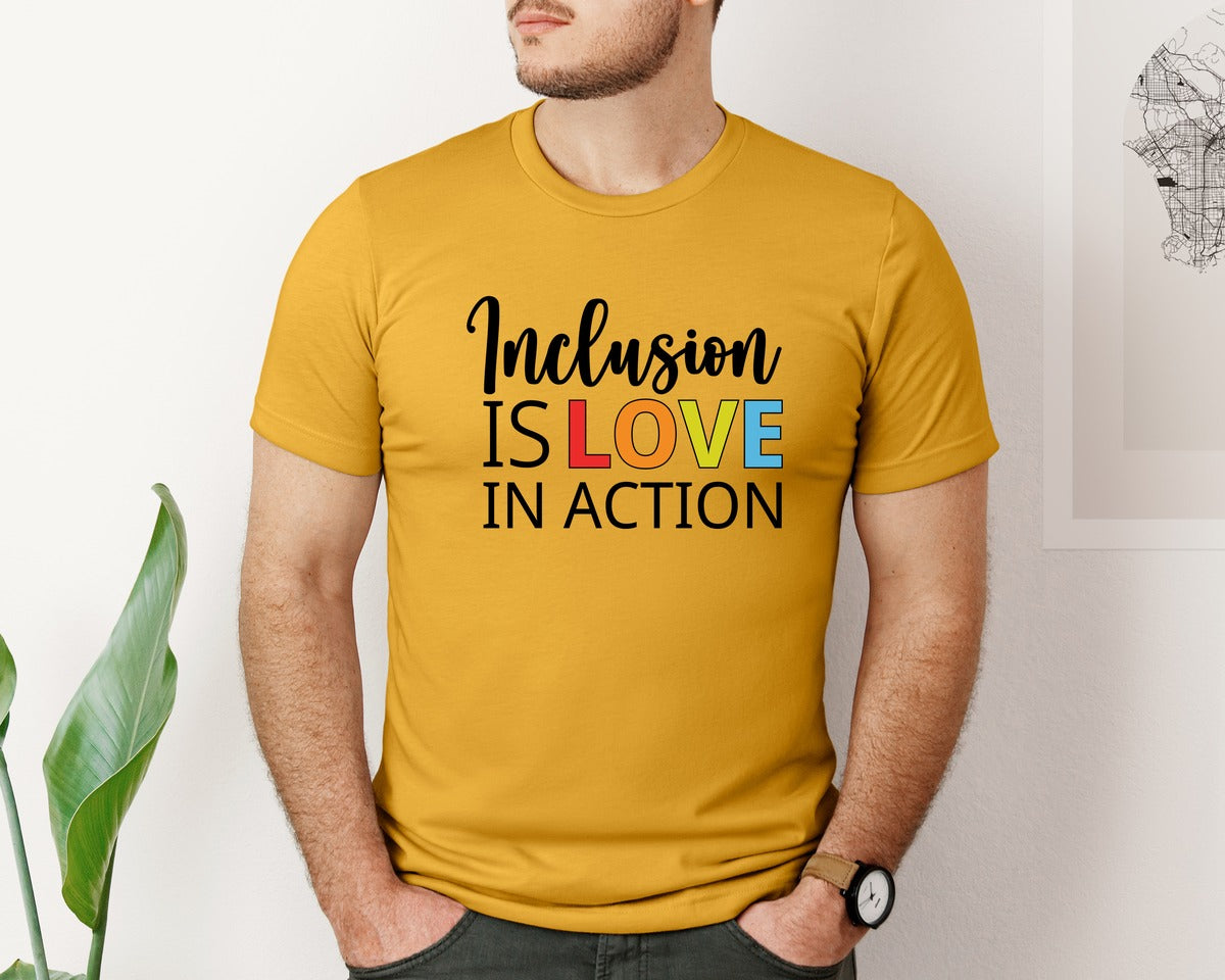 brand:Bella Canvas|color:Mustard|Inclusion Is Love In Action T Shirt Graphic T-Shirt
