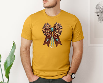 brand:Bella Canvas|color:Mustard|Western Leopard Bow Bohemian Coquette Graphic T-Shirt