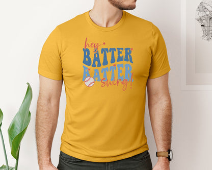 brand:Bella Canvas|color:Mustard|Retro Baseball Hey Batter Batter Swing Graphic T-Shirt