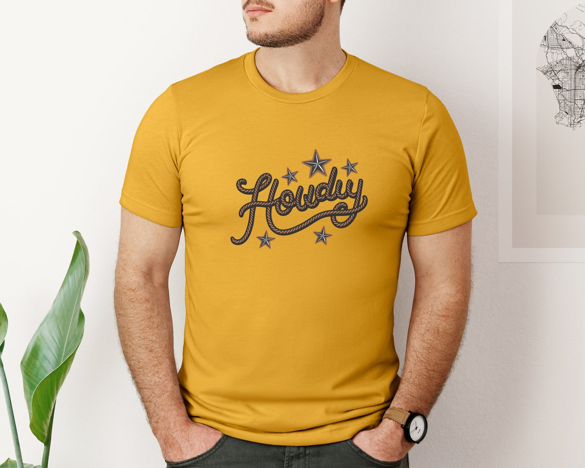 brand:Bella Canvas|color:Mustard|Howdy Western Cowboy Rope Graphic T-Shirt
