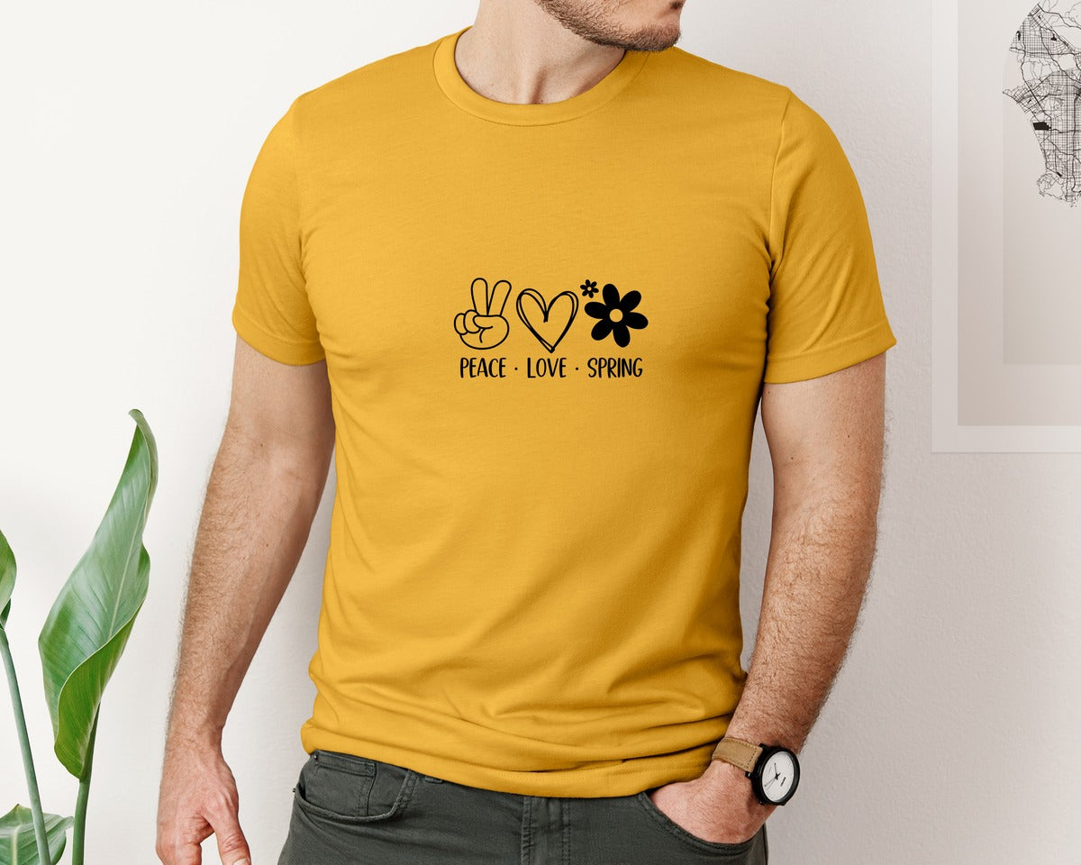 brand:Bella Canvas|color:Mustard|Peace Love Spring 4 Graphic T-Shirt