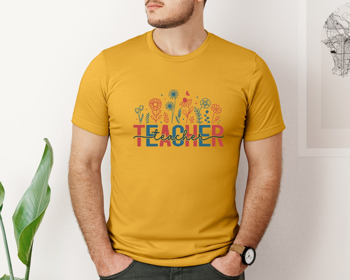 brand:Bella Canvas|color:Mustard|4Th Of July Teacher Floral Usa Flower Graphic T-Shirt