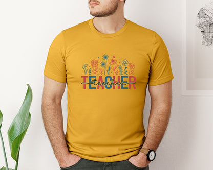 brand:Bella Canvas|color:Mustard|4Th Of July Teacher Floral Usa Flower Graphic T-Shirt
