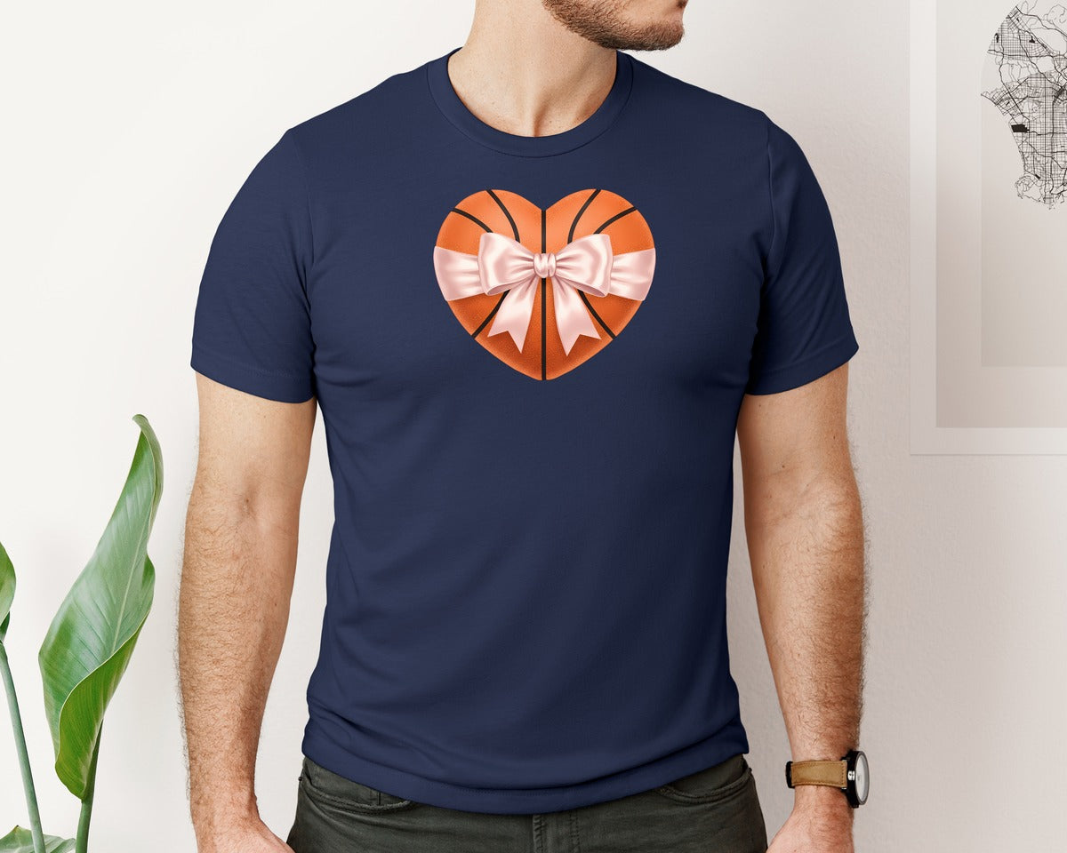 brand:Bella Canvas|color:Navy|Heart Shape Basketball Coquette Bow Graphic T-Shirt