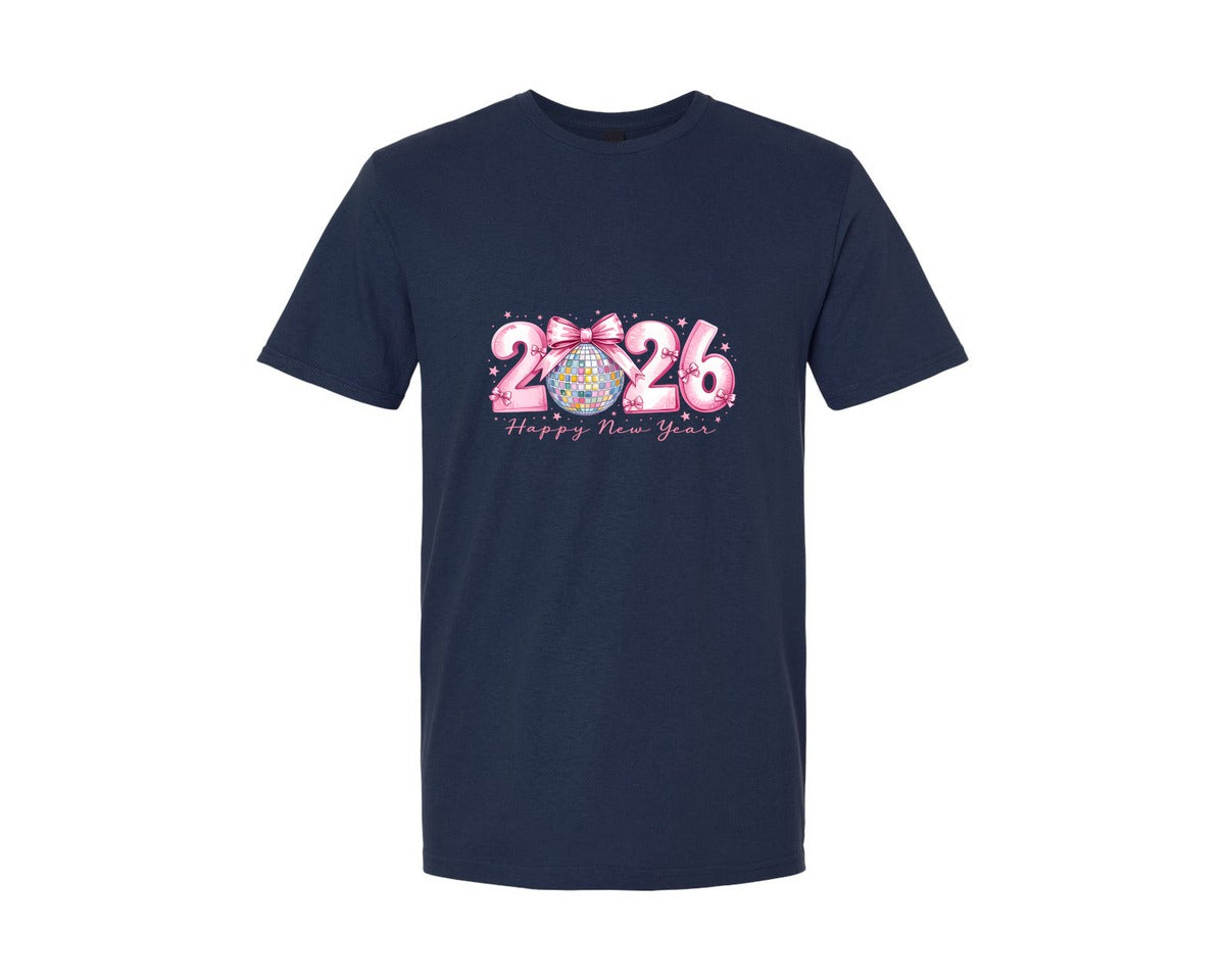 brand:Generic|color:Navy|Hello 2026 Pink Bows Happy New Year Graphic T-Shirt