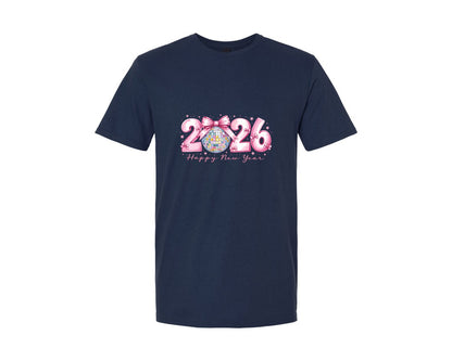 brand:Generic|color:Navy|Hello 2026 Pink Bows Happy New Year Graphic T-Shirt