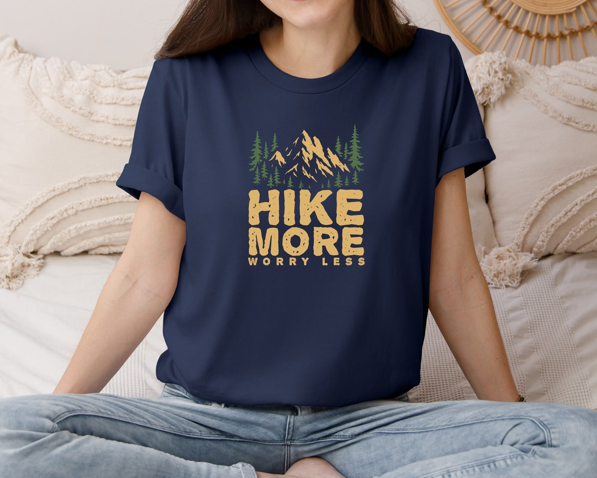 brand:Bella Canvas|color:Navy|Hike More Worry Less Outdoor Hiking Graphic T-Shirt