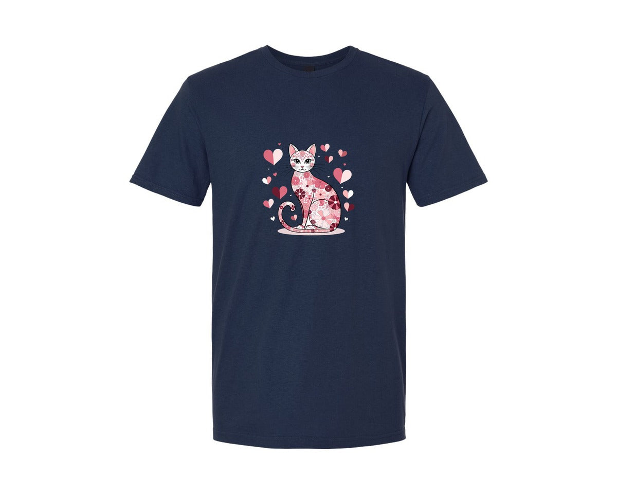 brand:Generic|color:Navy|Floral Cat Design With Heart Accents Graphic T-Shirt