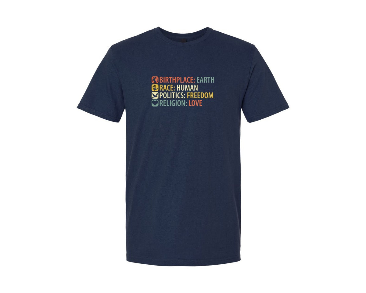 brand:Generic|color:Navy|Birthplace Earth Race Human Politics Fre Graphic T-Shirt