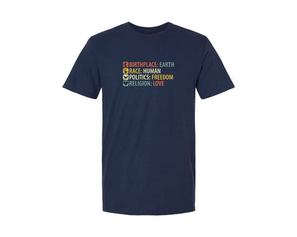 brand:Generic|color:Navy|Birthplace Earth Race Human Politics Fre Graphic T-Shirt