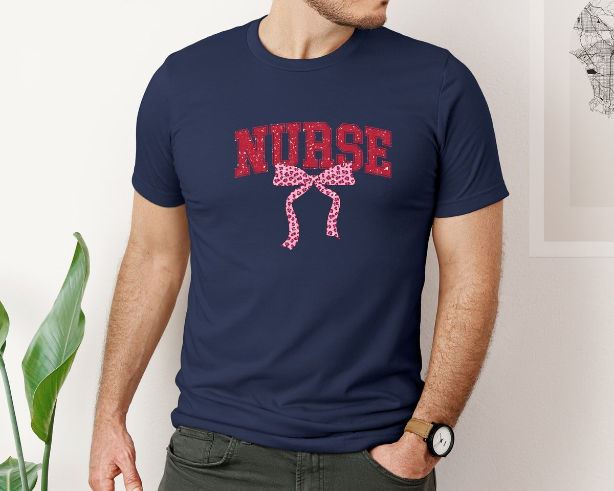 brand:Bella Canvas|color:Navy|Nurse Valentine Day Bow Coquette Leopard Graphic T-Shirt
