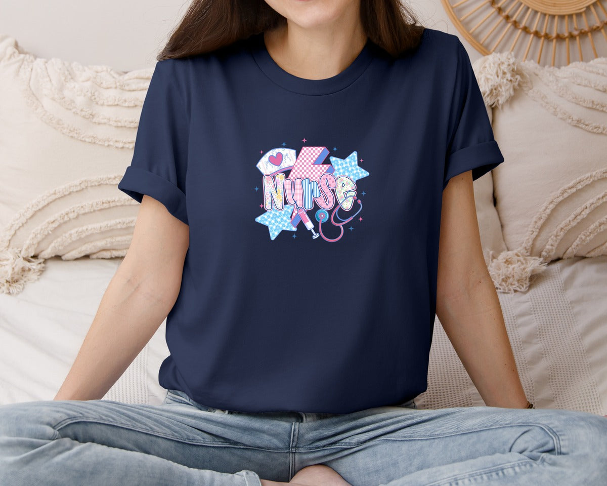 brand:Bella Canvas|color:Navy|Preppy Nurse Coquette Graphic T-Shirt