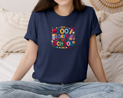 brand:Bella Canvas|color:Navy|Faux Yarn 100 Days School Bag Apple Graphic T-Shirt