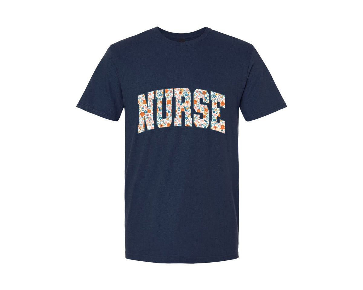 brand:Generic|color:Navy|Boho Floral Nurse Retro Nurse Flower 3 Graphic T-Shirt