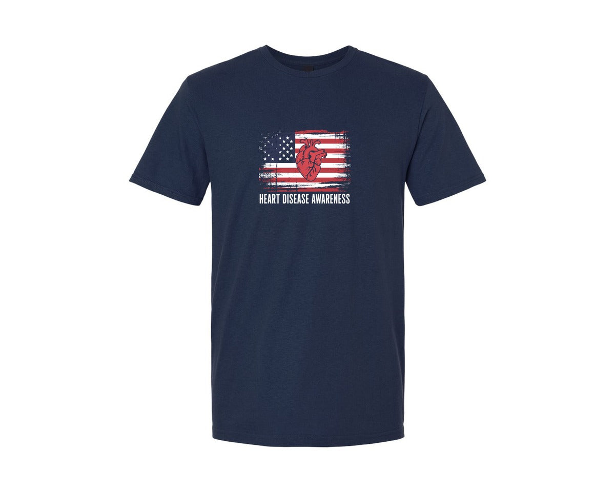 brand:Generic|color:Navy|Heart Disease Awareness Usa Flag Graphic T-Shirt