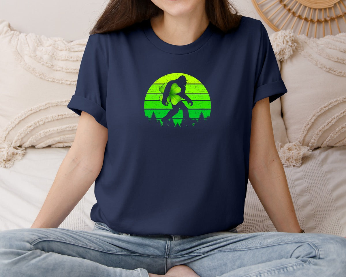 brand:Bella Canvas|color:Navy|Lucky Shamrock Sasquatch Irish Bigfoot Graphic T-Shirt