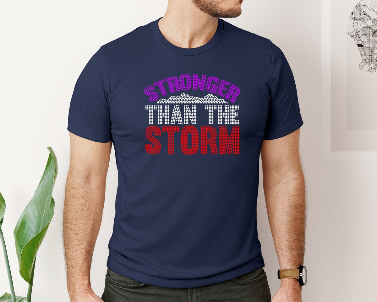 brand:Bella Canvas|color:Navy|Stronger Than The Storm Rhinestone 3 Graphic T-Shirt