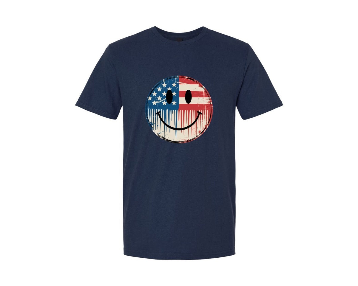 brand:Generic|color:Navy|Vintage American Flag Smiley Face Graphic T-Shirt