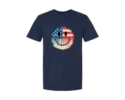 brand:Generic|color:Navy|Vintage American Flag Smiley Face Graphic T-Shirt
