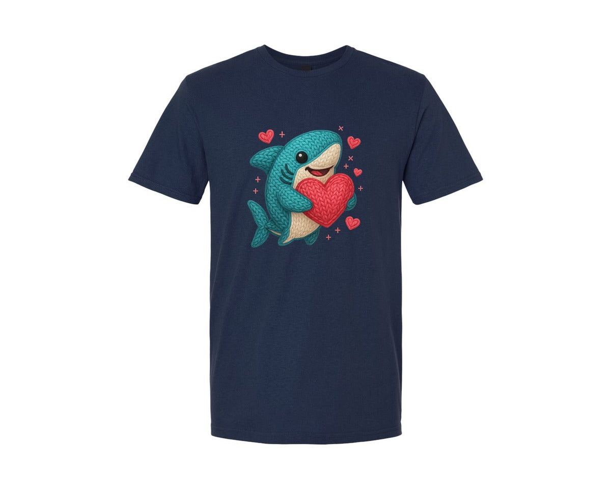 brand:Generic|color:Navy|Crochet Shark Cute Valentine Graphic T-Shirt