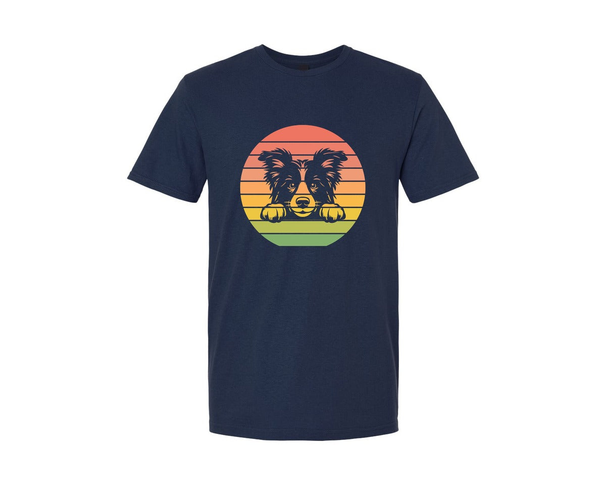 brand:Generic|color:Navy|Border Collie Dog Peeking Sunset Vintage Graphic T-Shirt