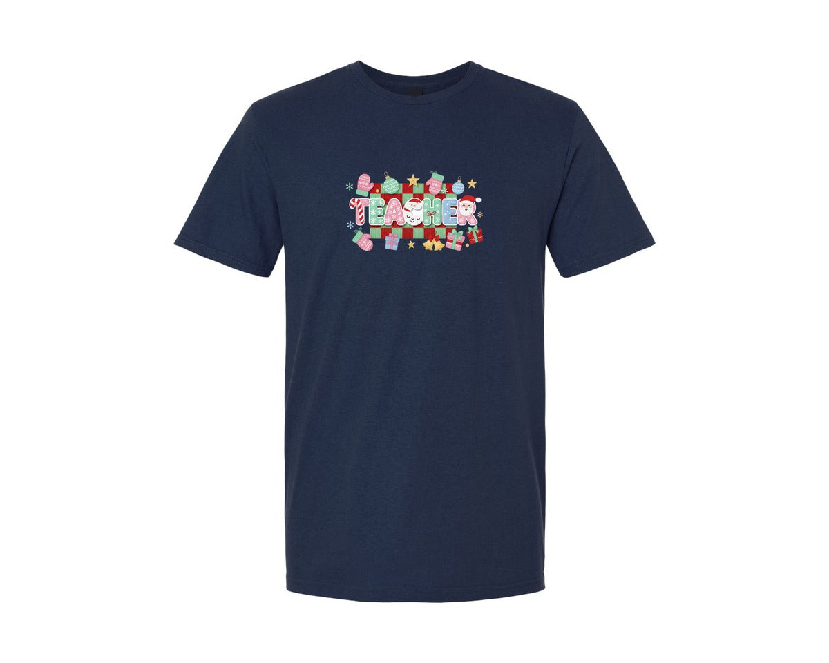 brand:Generic|color:Navy|Faux Yarn Crochet Christmas Teacher Graphic T-Shirt