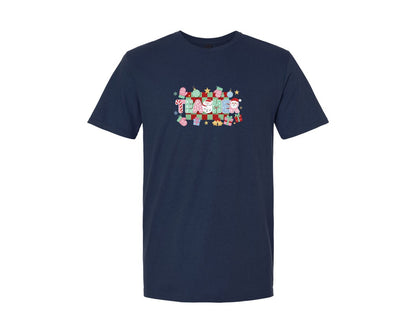 brand:Generic|color:Navy|Faux Yarn Crochet Christmas Teacher Graphic T-Shirt