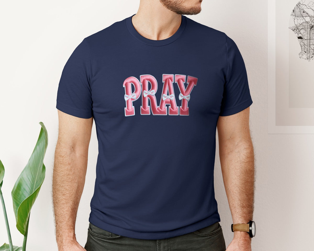 brand:Bella Canvas|color:Navy|Pray Jesus Pink Latch Hook Yarn Crochet Graphic T-Shirt